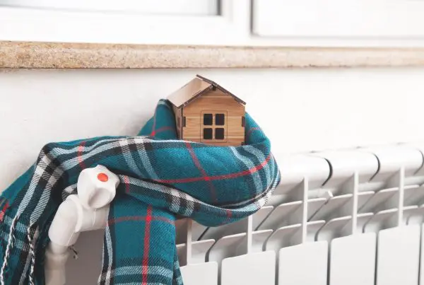 House model and scarf on radiator.