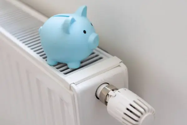 Pig piggy bank and dollar bills on a radiator indoors close-up. Heating concept.