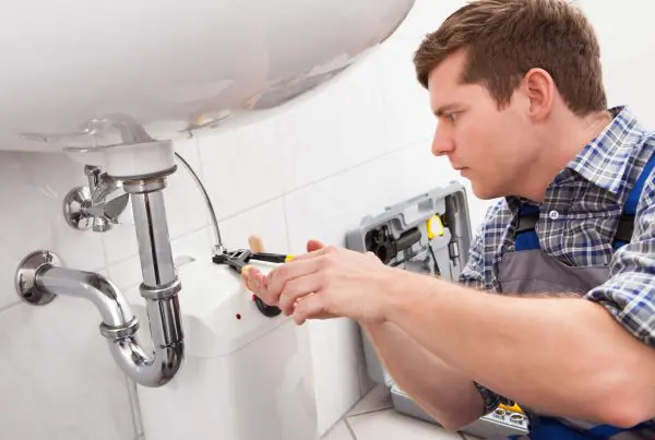 Young plumber fixing a sink in bathroom